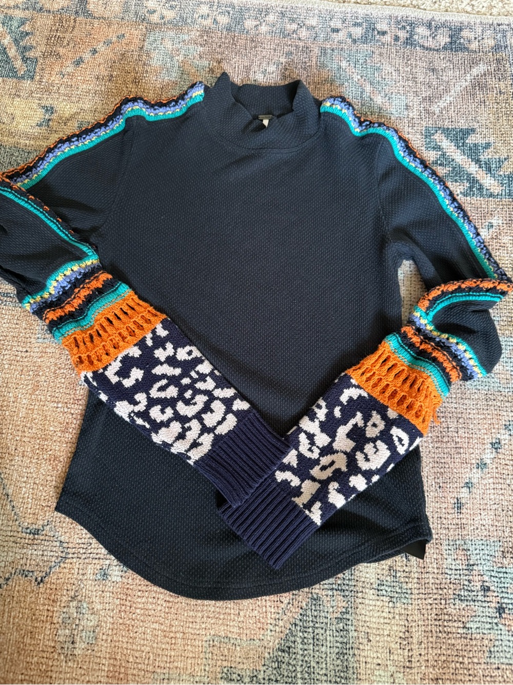 Free People Switch It Up Thermal Top S Black Waffle Hippie Crochet Warm Cozy - Picture 2 of 6